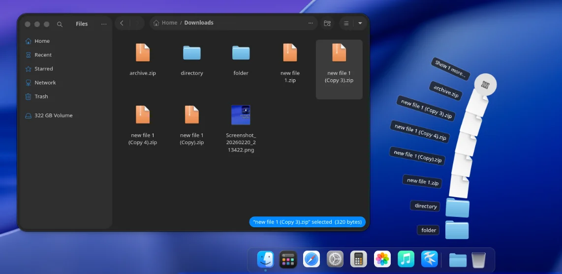 The pearOS NiceC0re desktop, showing the Files app and dock.